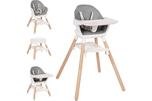 Komcot Baby High Chair, 6 in 1 Wooden Convertible High Chairs for Babies and Toddlers, Booster Seat with Double Tray & Reversible Footrest Baby Highchair, 5-Point Harness Baby Feeding Chair, Grey