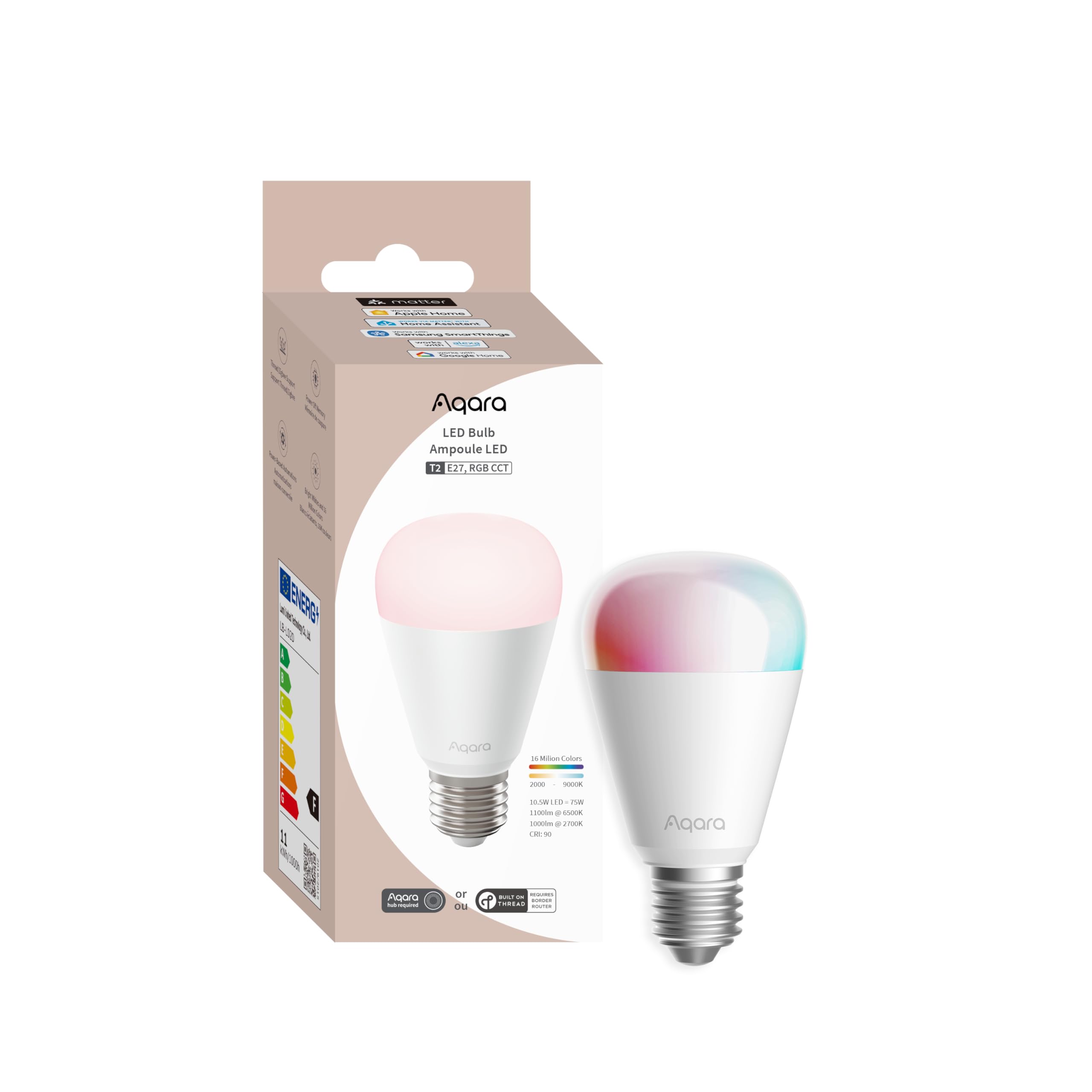 Aqara Thread/Zigbee Smart LED Light Bulb T2 E27, Tunable White (2000K-9000K), RGB Color Changing Light Bulb with 16 Million Colors, 75W Equivalent, Matter, Works with HomeKit, Alexa, Google