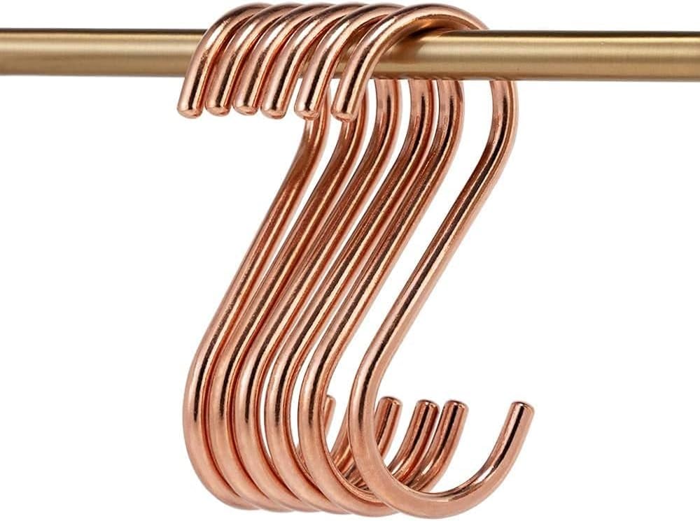 LiuliuBull Set of 6 Copper S Hooks for Hanging Pots and Pans,Made from Authentic Heavy Duty Soild Copper,Beautiful and Long Lasting