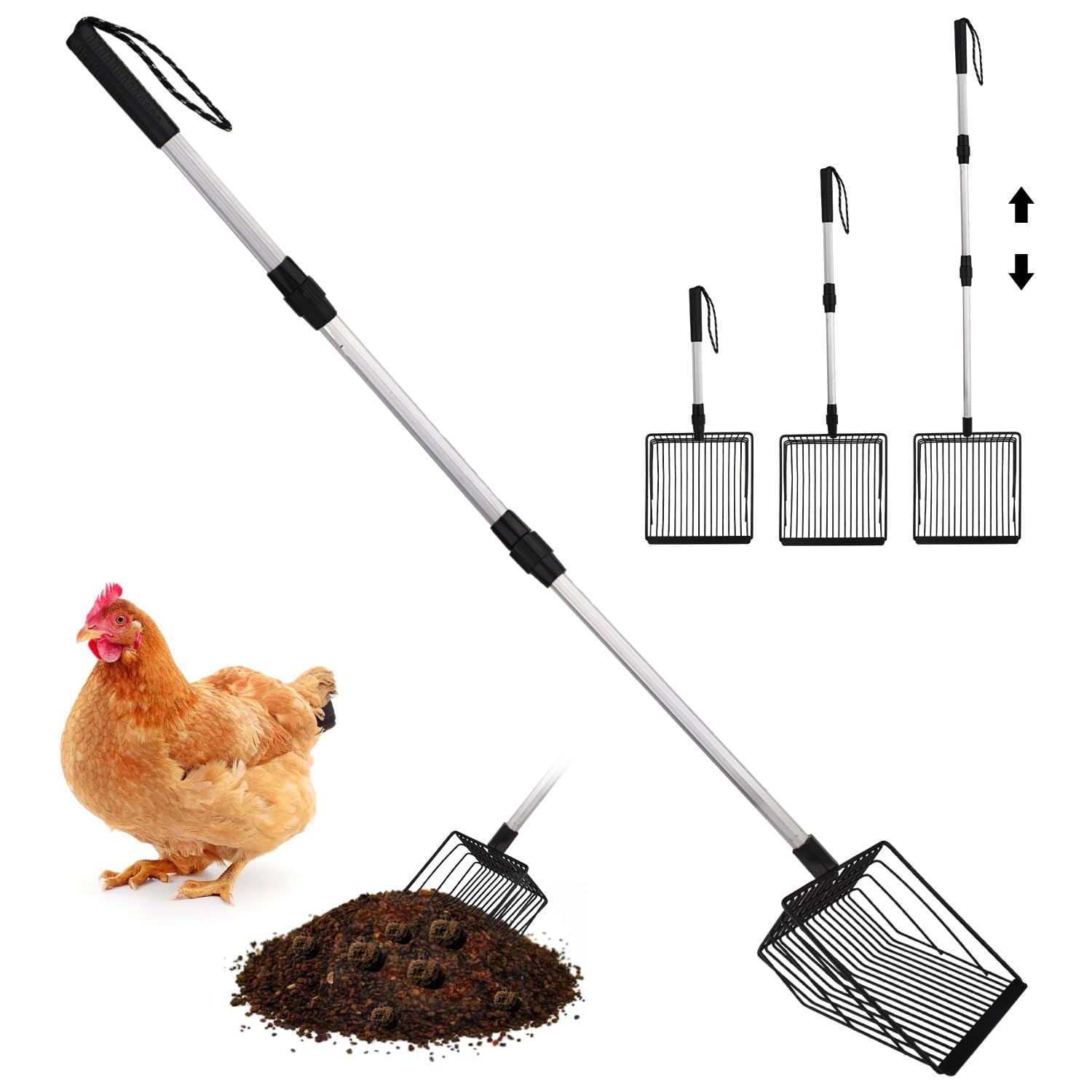 NQEUEPN Metal Chicken Litter Scooper, Detachable Cat Litter Scoop Long Handle Litter Scooper for Chicken Coop Stainless Steel Heavy Duty Sifting Shovel for Chicken Coop Accessories