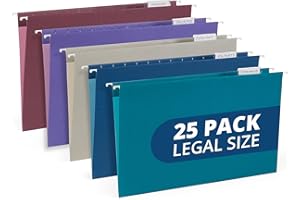 25 Blue Summit Supplies Colored Hanging File Folders Legal Size, 9.5" x 14.75", Legal Size Hanging File Folders for Filing Cabinet with Plastic Tabs and Inserts, Assorted Jewel Tone Colors, 11pt Paper
