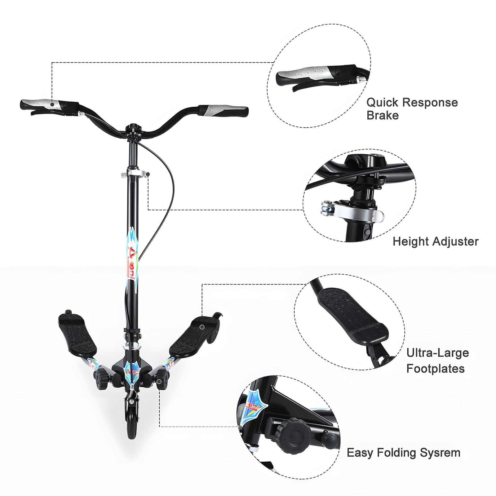 Swing Wiggle Scooter, 3 Wheels Drifting Folding Kick Scooter with 4-Level Adjustable Height/Foldable for Kids/Woman/Men Age 6+ Years Old