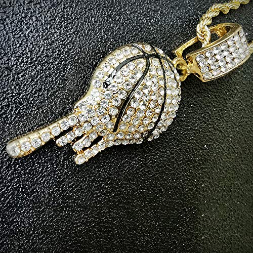 HH Bling Empire Mens Iced Out Hip Hop 14K Gold Artificial Diamond NBA Basketball Related Pendant cz Tennis Chain Necklace 22 Inch (Basketball -1 & Rope)