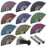 INNOLIFE Elegant Colorful Embroidered Flower Peacock Pattern Sequin Fabric Folding Handheld Hand Fan Hand-Crafted (Full Set - 10pcs Mixed Colors) and 8 Carrying Pouches