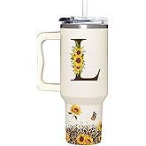 Personalized Birthday Gifts For Women - Sunflowers Monogrammed Cup For Boss Day, Christmas - Customized Gifts For Women, Mom, Wife, Coworkers, Boss Lady, Her - Custom Tumbler With Handle 40oz
