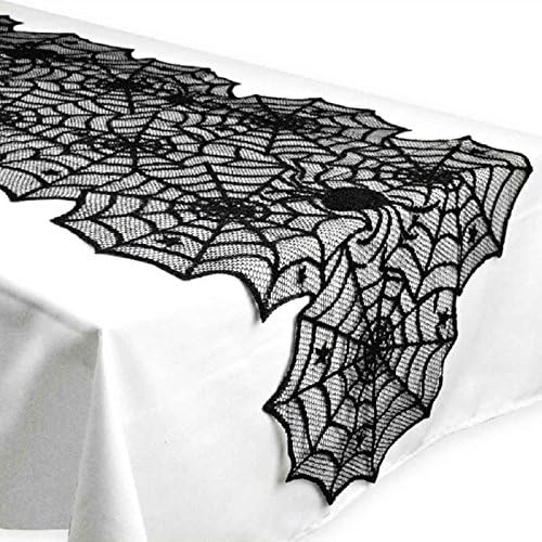 JunMu Happy Halloween Table Runner, 18 by 72 inch Black Spider Web Table Runners, Polyester Lace Table Runner for Halloween Party Favors Dinner Table Decor