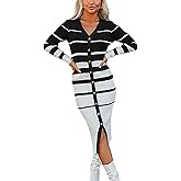 Women's Striped Sweater Dress 2025 Fall Long Sleeve V Neck Button Down Ribbed Knit Midi Bodycon Party Dresses