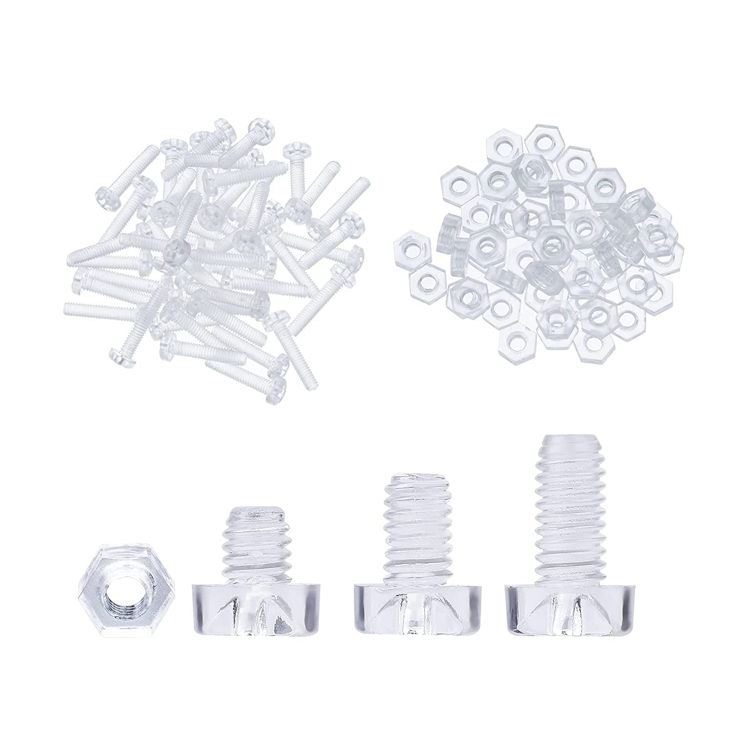50 Pcs Plastic Screws Bolts and 50 Pcs Nuts, Transparent Clear M3*8mm Screw, M3*3mm Nut, Acrylic Cross Head Machine Screws Nuts and Bolts Set