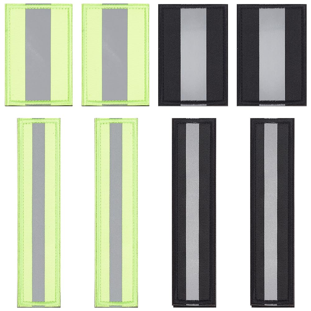 DELORIGIN 8pcs Reflective Safety Patches 4 Styles Reflective Hook and Loop Patches Kit Nylon Patch for Dark Firefighter Rescue Police, Jacket Backpacks Harness Night Riding Safety Helmet Dogs Vests