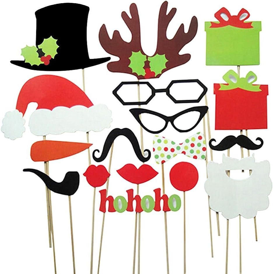 Everoasis 17PCS Colourful Photo Booth Props Fun Selfies Tools- Glasses Ties Mustaches Lips Hats Antlers Trees Gift Set - for Halloween, Christmas, Wedding Party, Other Festivals and Theme Parties