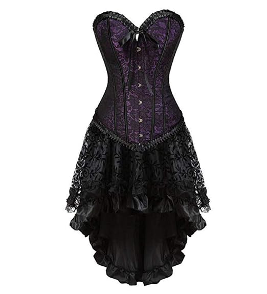 Martya Damen Vollbrust Leder Corsage Korsett Steampunk Corsagenkleid Rock Schwarz