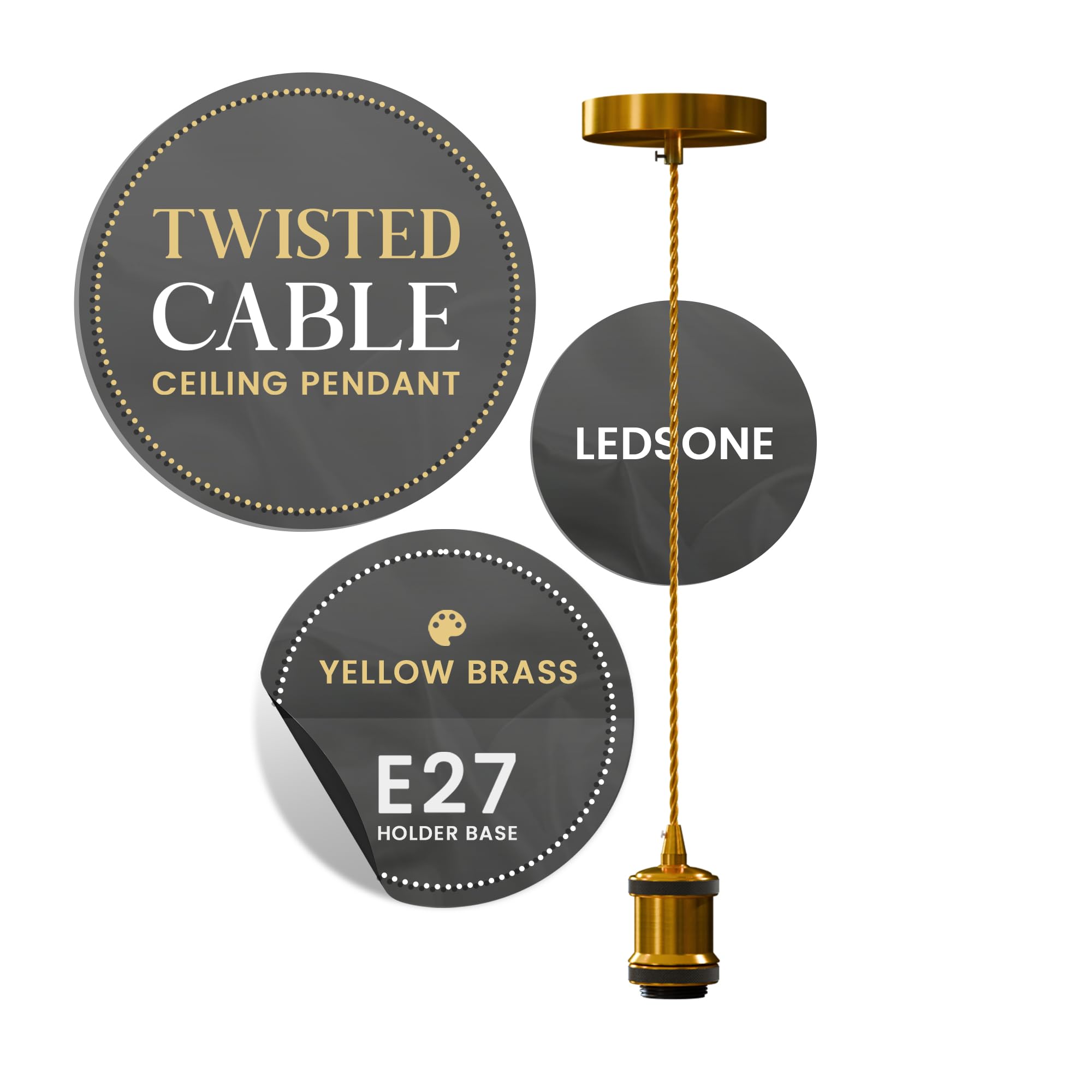 LEDSone LED E27 Pendant Light Fitting – Yellow Brass Industrial Vintage Ceiling Lamp for Bedroom, Hallway & Home Decor