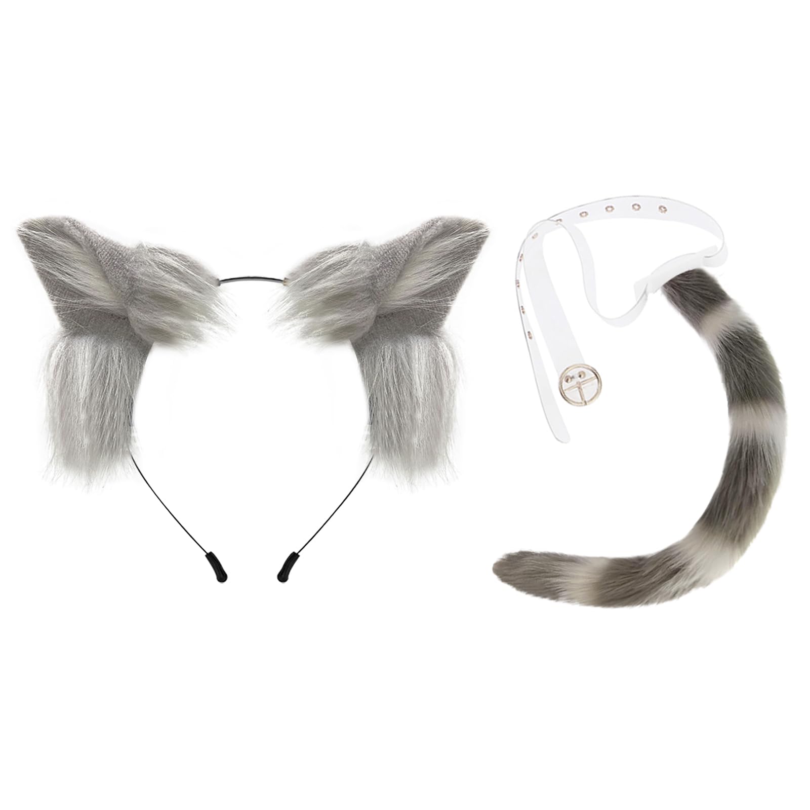 JIAHG 2Pcs Fuzzy Faux Fur Cat Ears Tail Set Plush Cute Adult Animal Wolf Fox Headband Tail Halloween Costume Accessories Dress Up Party Cosplay Prop for Carnival Festival Stage Performance (Gray)