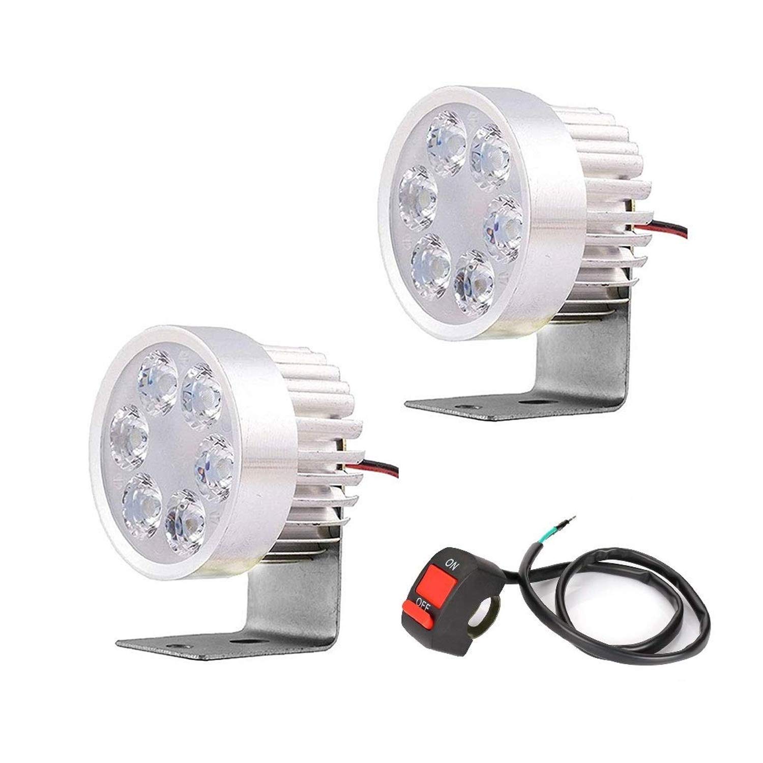Pivalo PVL60FL 6W 12-24V Round Fog 6 Light, Universal 6 LED Lamp with Switch, Off Road Driving Spot Beam Bulb for Bikes, SUV Cars, & Tractors (2 Pieces, White)