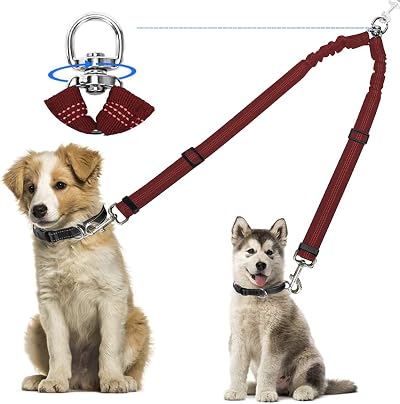 Kelivi Double Dog Lead Coupler 360° Swivel No Tangle Reflective Red