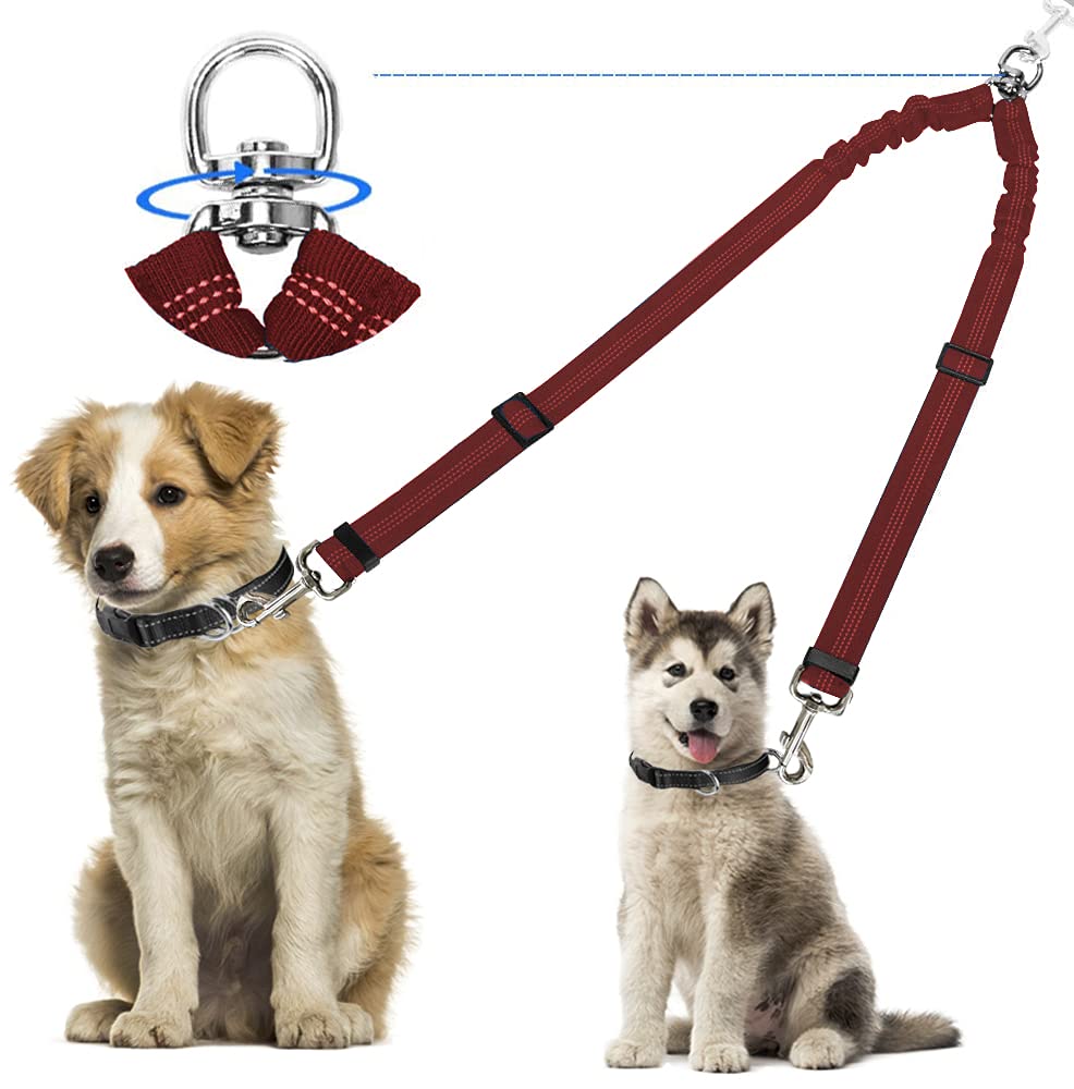 Kelivi Double Dog Lead Coupler, No Tangle 360°Swivel Rotation Two 2 Splitter, Heavy Duty Adjustable Bungee Reflective Dual Leash for Walking Medium Large (Red)