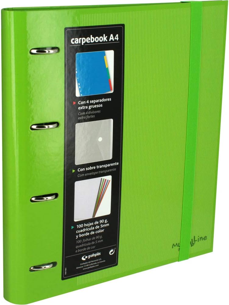 grafoplás 88102020-carpeta 4 Rings A4 with Die-Cut On Transparent, 6 Dividers and 140 Sheets 35 mm, Green, 4 Rings, Elastic Closure