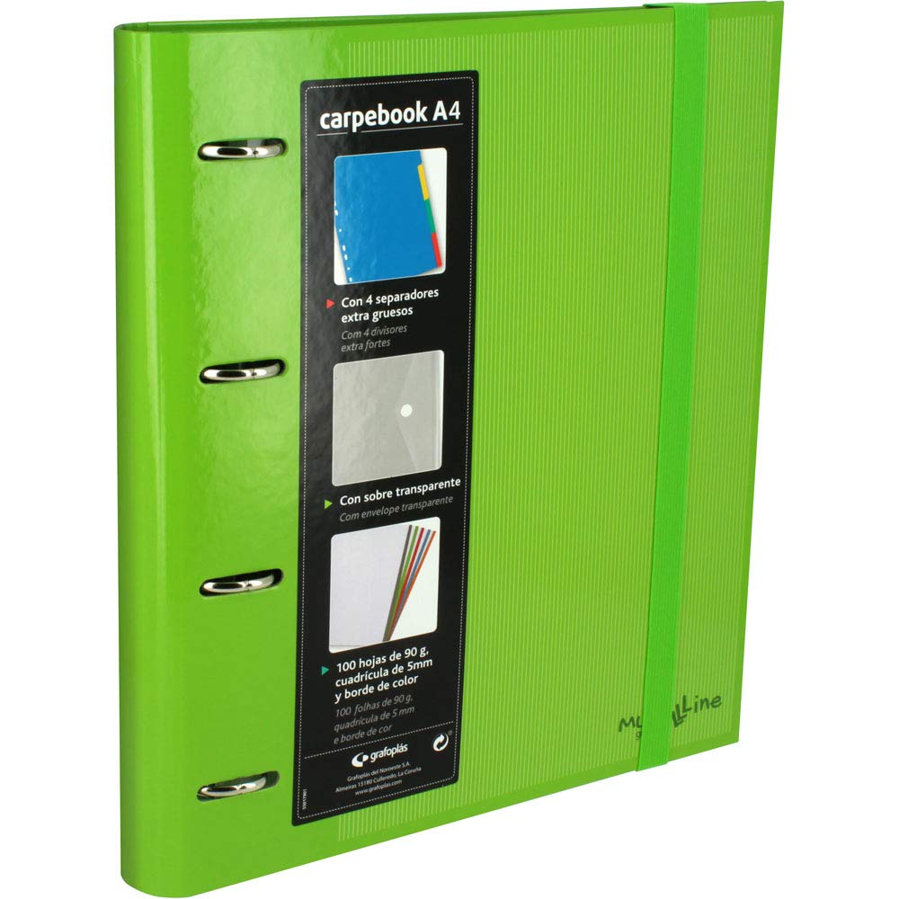 grafoplás 88102020-carpeta 4 Rings A4 with Die-Cut On Transparent, 6 Dividers and 140 Sheets 35 mm, Green, 4 Rings, Elastic Closure