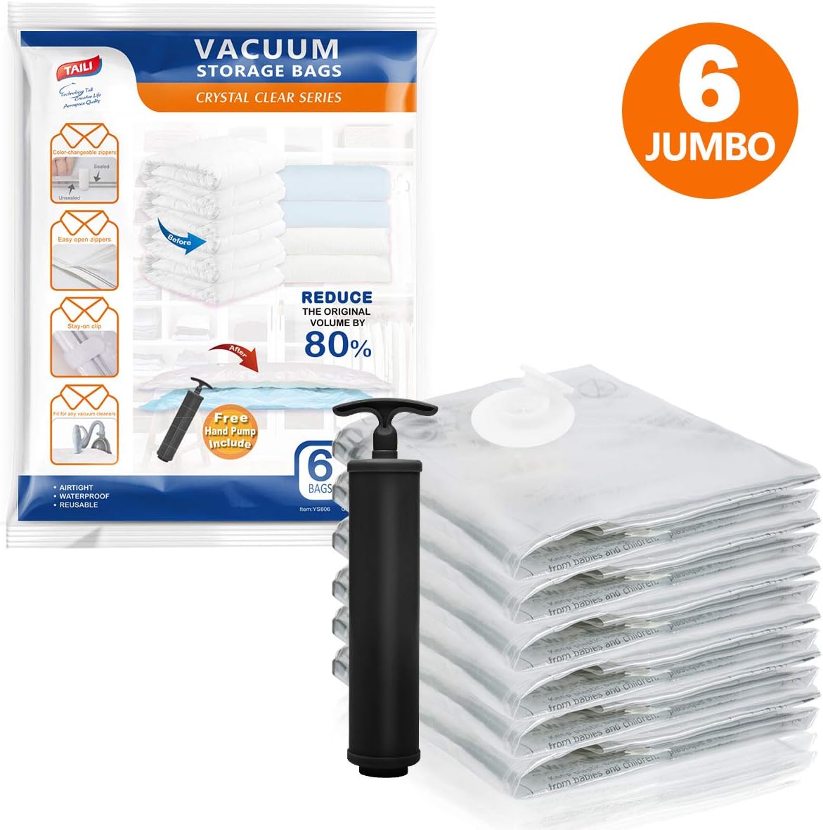 TAILI Vacuum Space Saver Storage Bags (31.5 x 39.46 in) Jumbo Pack with Pump for Bedding, Pillows, Blanket, Clothes, Comforters