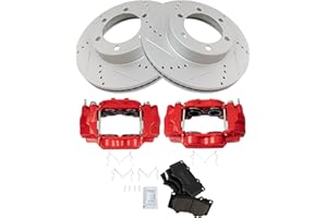 TRQ Front Performance Brake Pad & Rotor Kit Brake Caliper Brake Pads Brake Rotors Set Ceramic Premium G-Coated Red Compatible with 2001-2007 Toyota Sequoia 2000-2006 Tundra