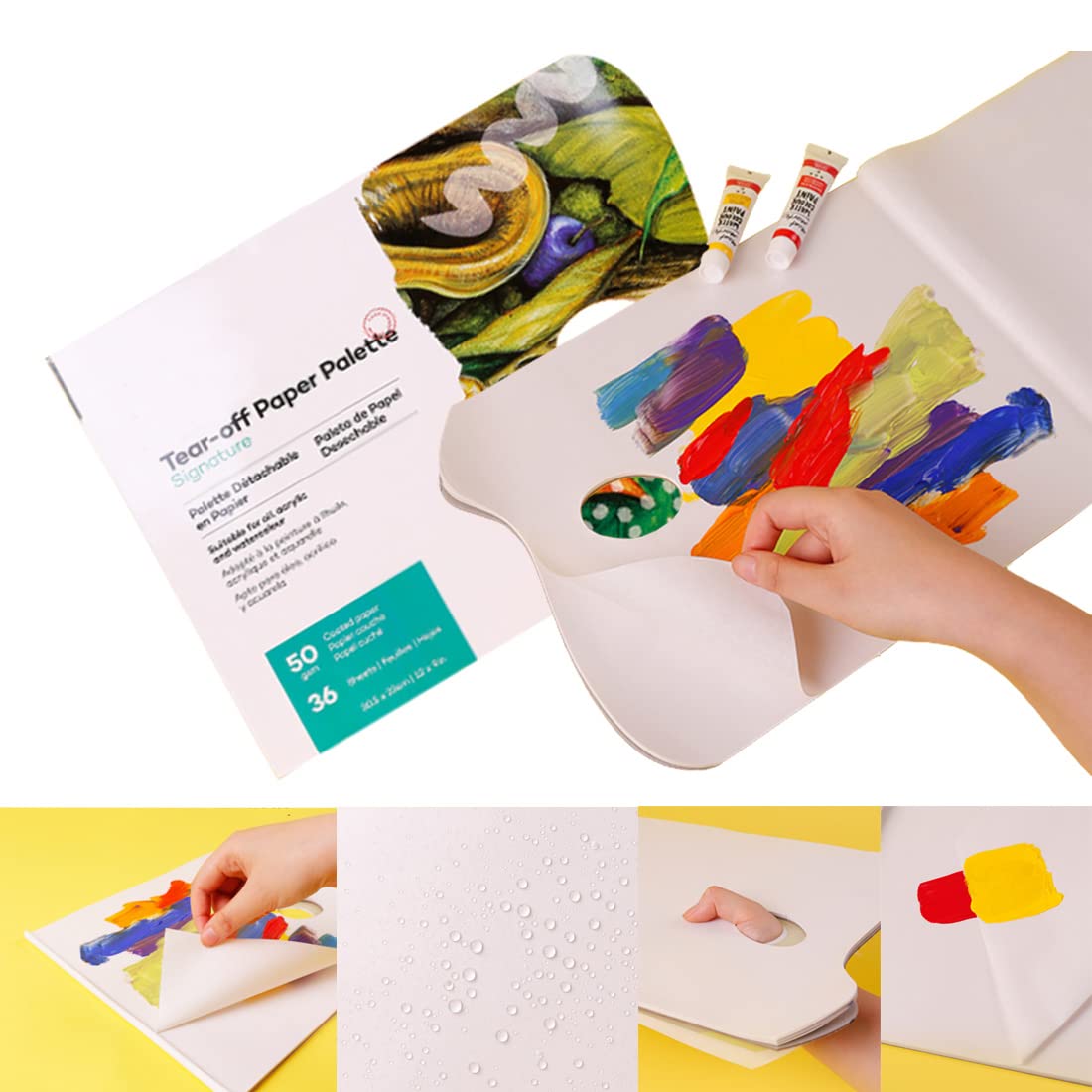 Tear Off Palette, 36 Sheets A4 Disposable Palette Paper, Mixing Color Painting Matching Paper Palette Pad with Thumb Hole for Watercolors/Gouache/Oil Paints/Acrylic Painting