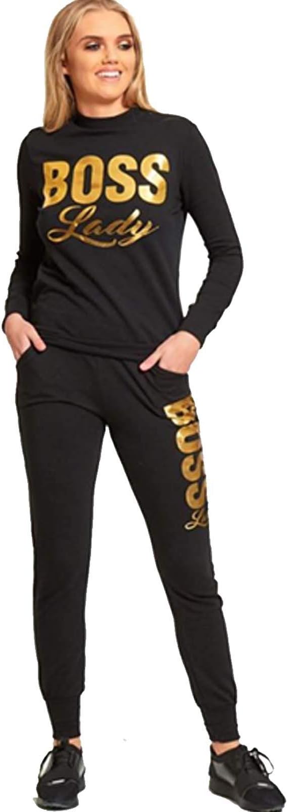 Ladies Womens BOSS Lady Slogan Printed Jogsuit Sports Gym Fitness Skinny Joggers Loungewear Tracksuit Crew Neck Long Sleeve Lounge Suit 2 Pieces Co-Ord Set UK Size 8-14