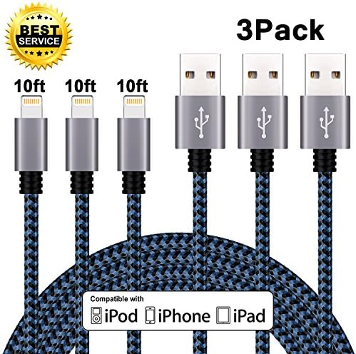 Lightning Cable, Atill iPhone Charger 3Pack 10FT Nylon Braided USB Charging Cable Cord for iPhone X 8 8 Plus 7 7 Plus 6 6s 6 Plus 6s Plus 5 5s SE 5c, iPad, iPod - Blue