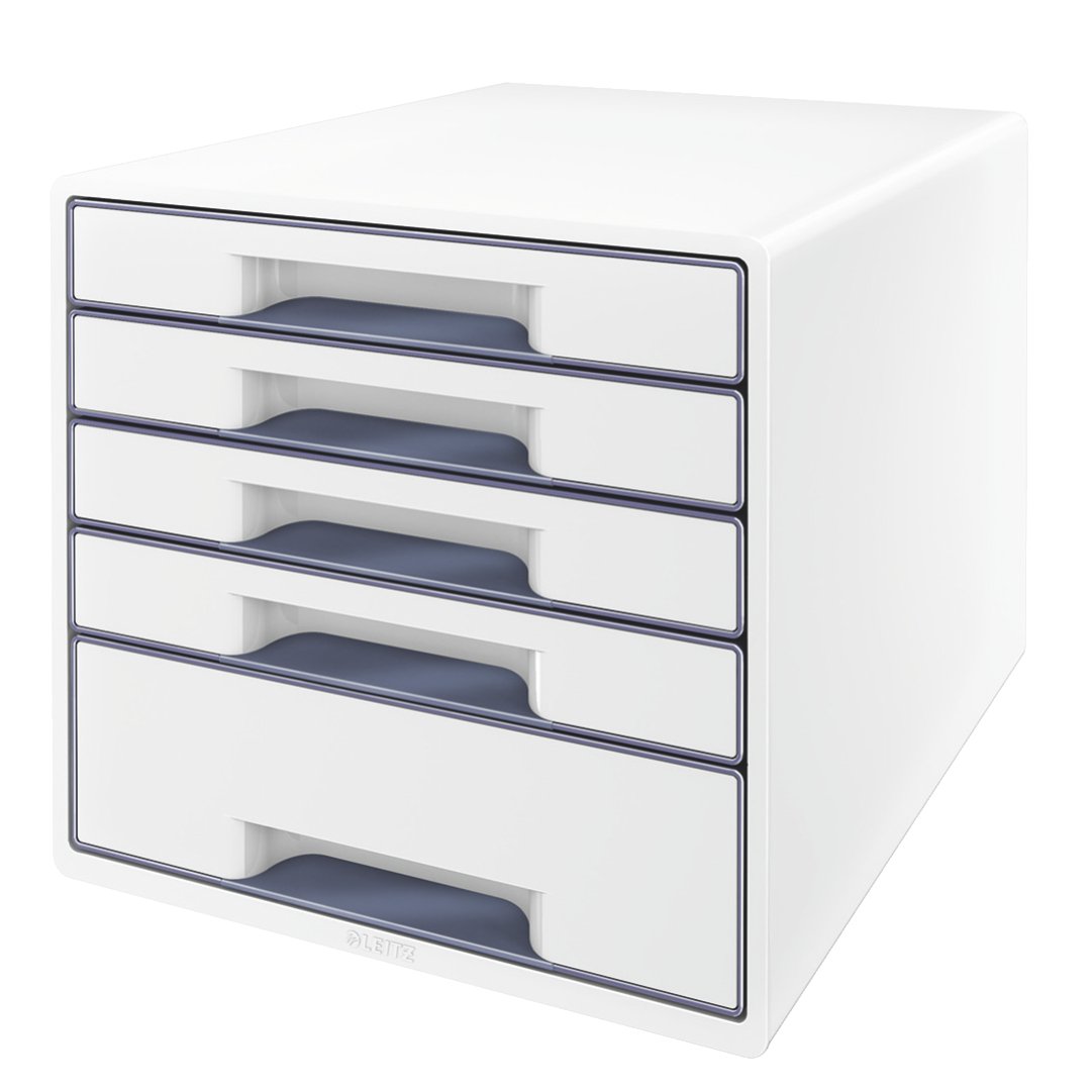 Leitz CUBE drawer box with 4 drawers, white/grey, A4, with transparent drawer insert, WOW, 52142001