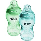 Tommee Tippee Natural Start Baby Bottle, 11oz, Thicker Feed, Breast-Like Nipple For Babies 6 Months+, Green and Teal, 2 Count