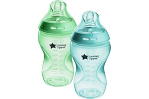 Tommee Tippee Natural Start Baby Bottle, 11oz, Thicker Feed, Breast-Like Nipple For Babies 6 Months+, Green and Teal, 2 Count