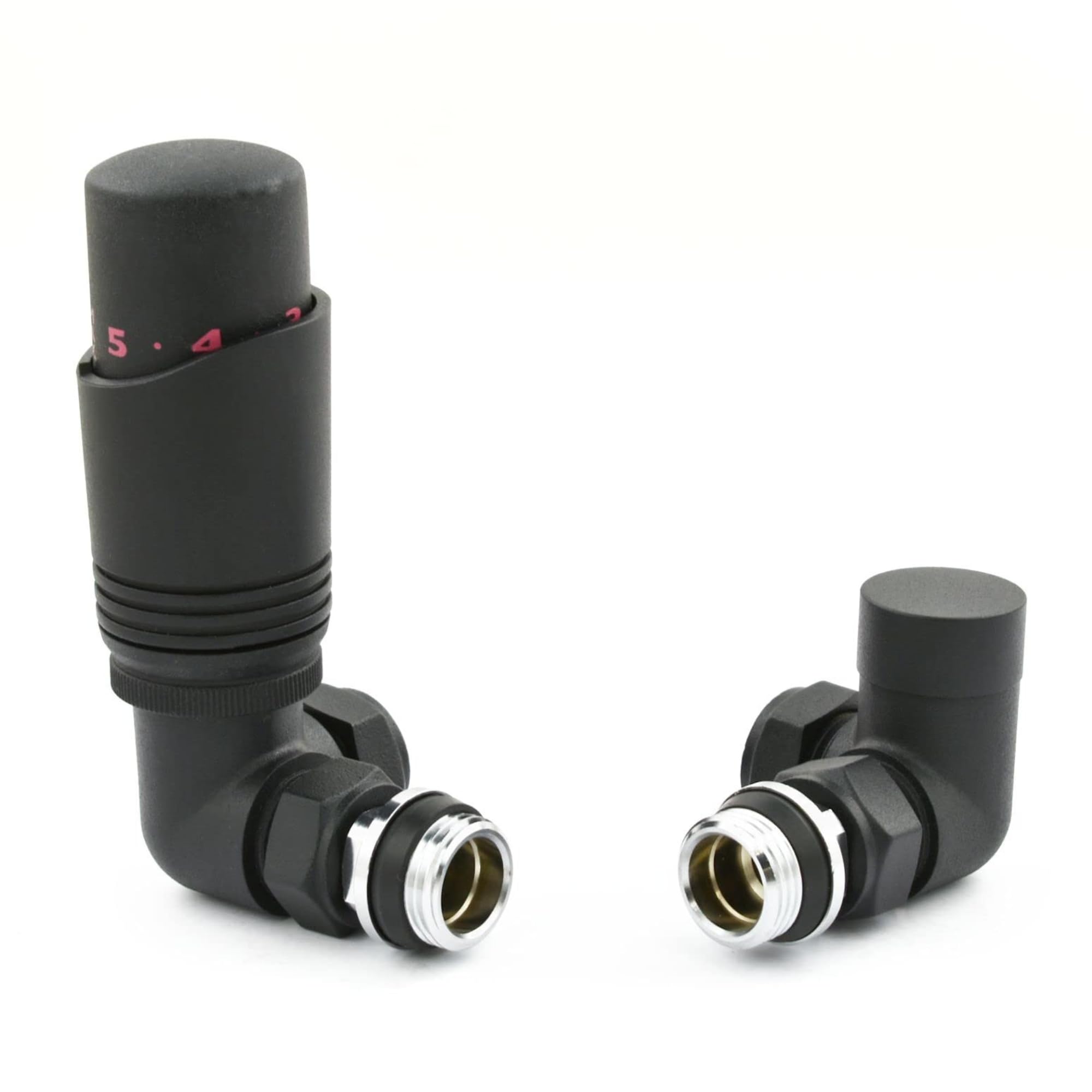 Hot Flow Textured Black Cascade Corner Modern TRV Thermostatic Radiator Valve (Pair) Includes A Corner TRV Body & One Lock Shield. for Quick & Easy Temperature Control. Perfect for Energy Saving.