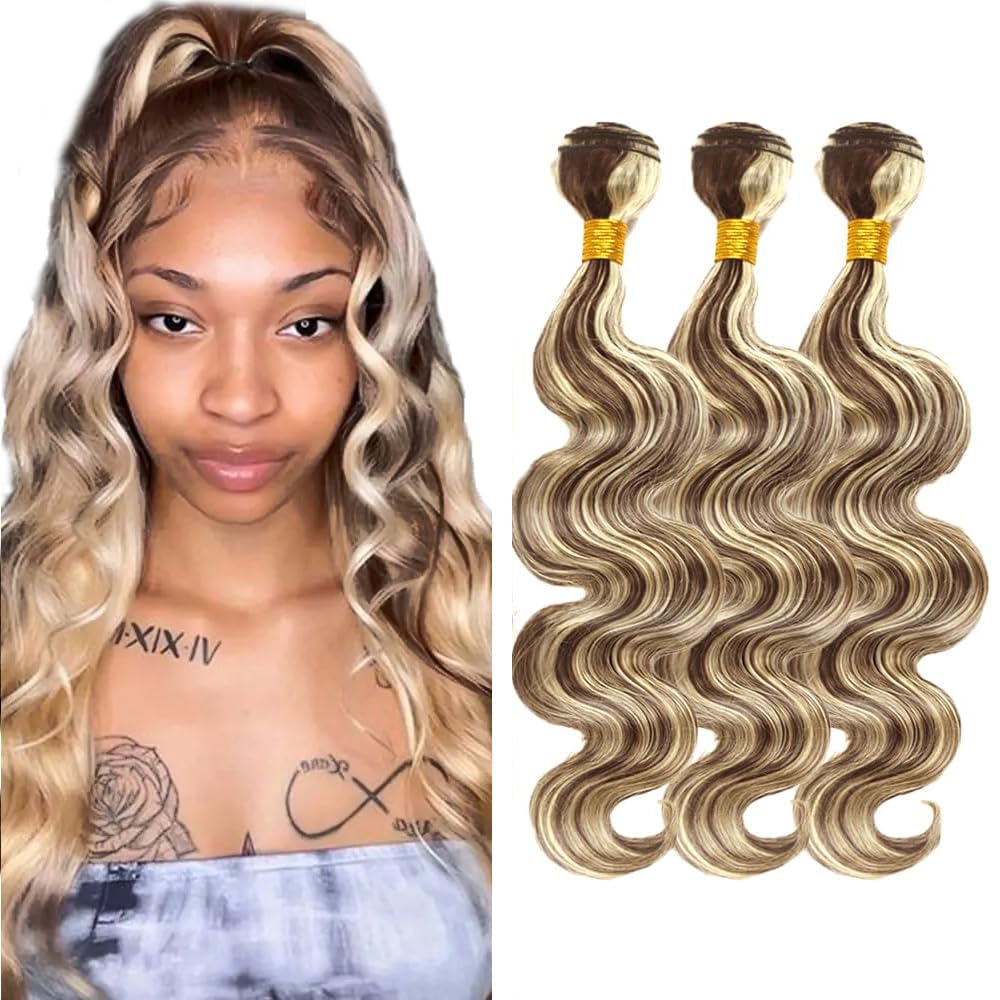 Photo 1 of Giginger P4/613 Chocolate Brown Blonde Body Wave Human Hair Bundles 10 12 14 Inch Highlight Body Wave Bundles Weave Bundles Human Hair 4/613 Human Hair Bundles