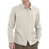 Isle Bay Linens Men's 100% Linen Shirts Casual Long Sleeve Button-Down Lightweight Shirts with Pockets