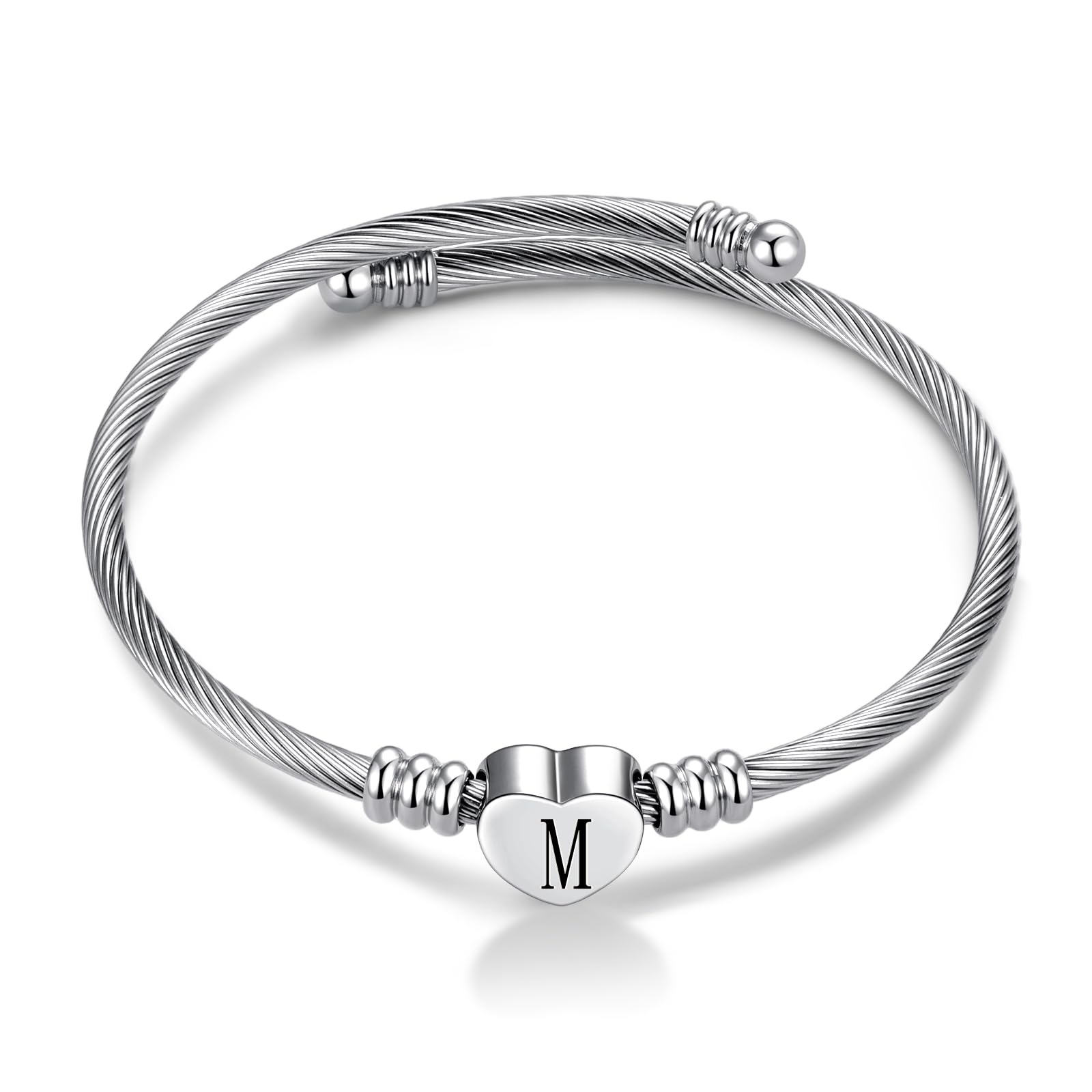 FGT M Initial Love Heart Letter Cuff Bangle Bracelets for Women Name Family Birthday Christmas Stainless Steel Alphabet Silver