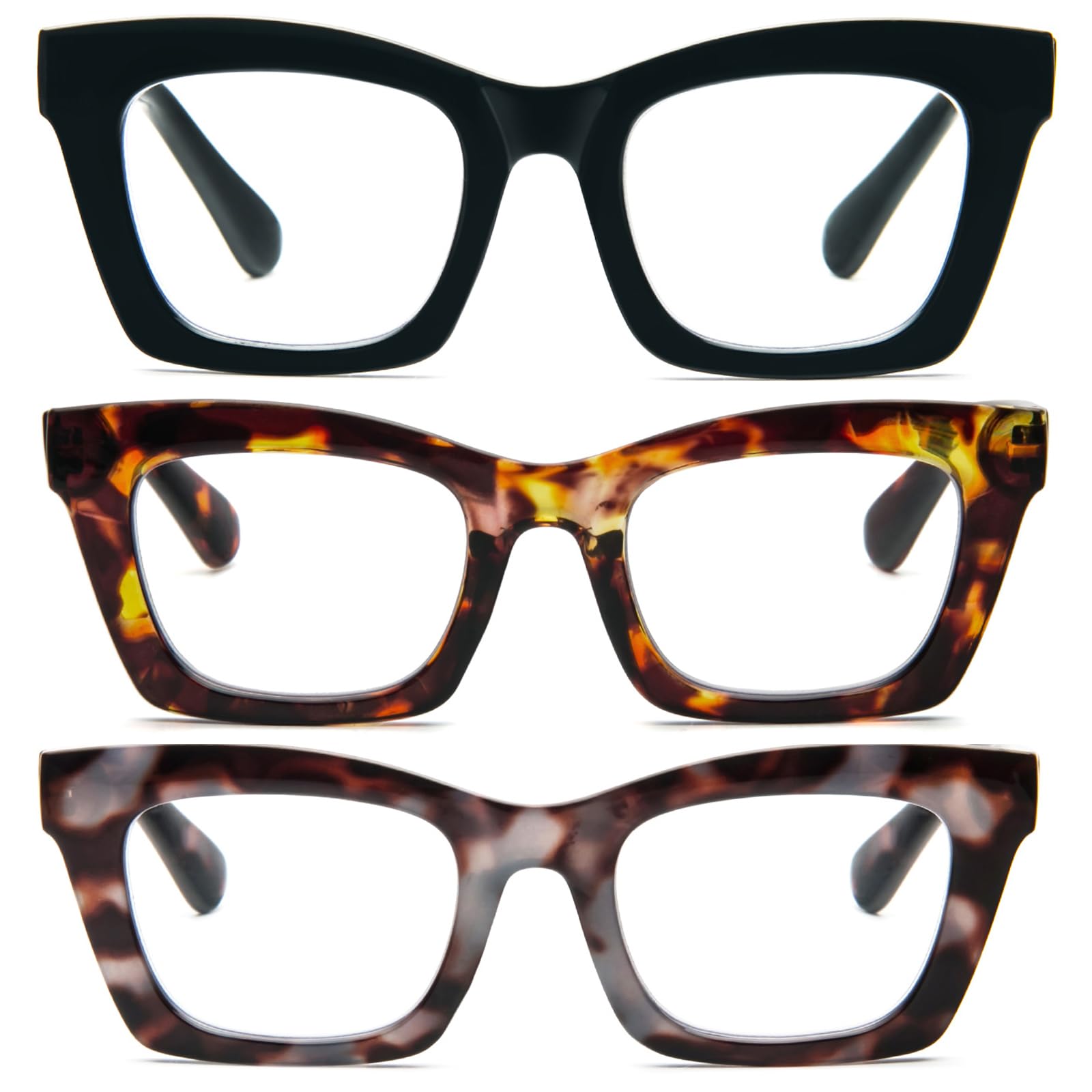MMOWW 3 Pack Oversized Reading Glasses for Women Square Frame Fashion Style Readers Blue Light Blocking Reading Glasses (Black+Tortoiseshell+Grey-Blue Tortoiseshell, +1.0)