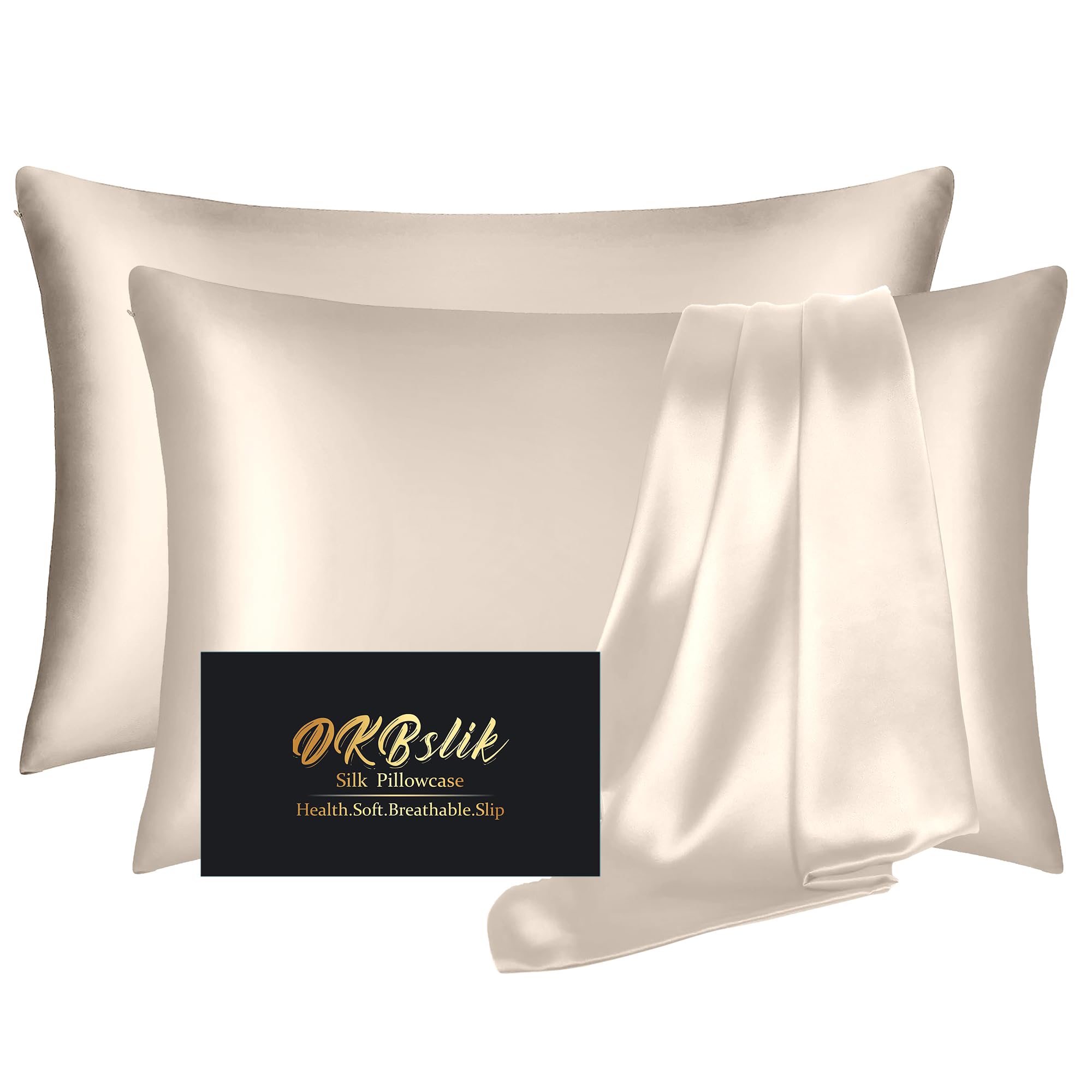 Silk Pillowcase 2 Pack, Natural Mulberry Silk Pillow Case, Anti Acne Silk Pillowcase for Hair and Skin, King Size Silk Satin Pillowcase Set of 2 with Hidden Zipper, Gifts for Women Men, Beige Image