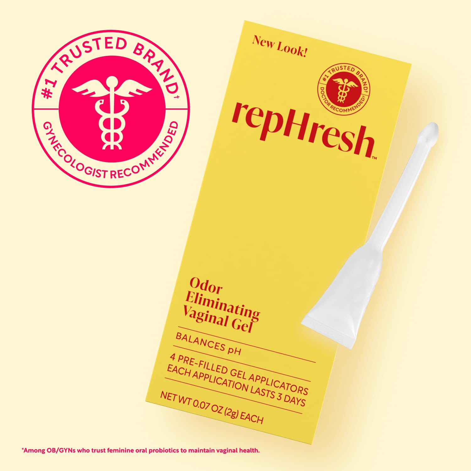 Rephresh Odor Eliminating Vaginal Gel, Clinically Tested to Balance pH & Eliminate Odor for up to 3 Days, Pre-Filled Applicators, 4 ct