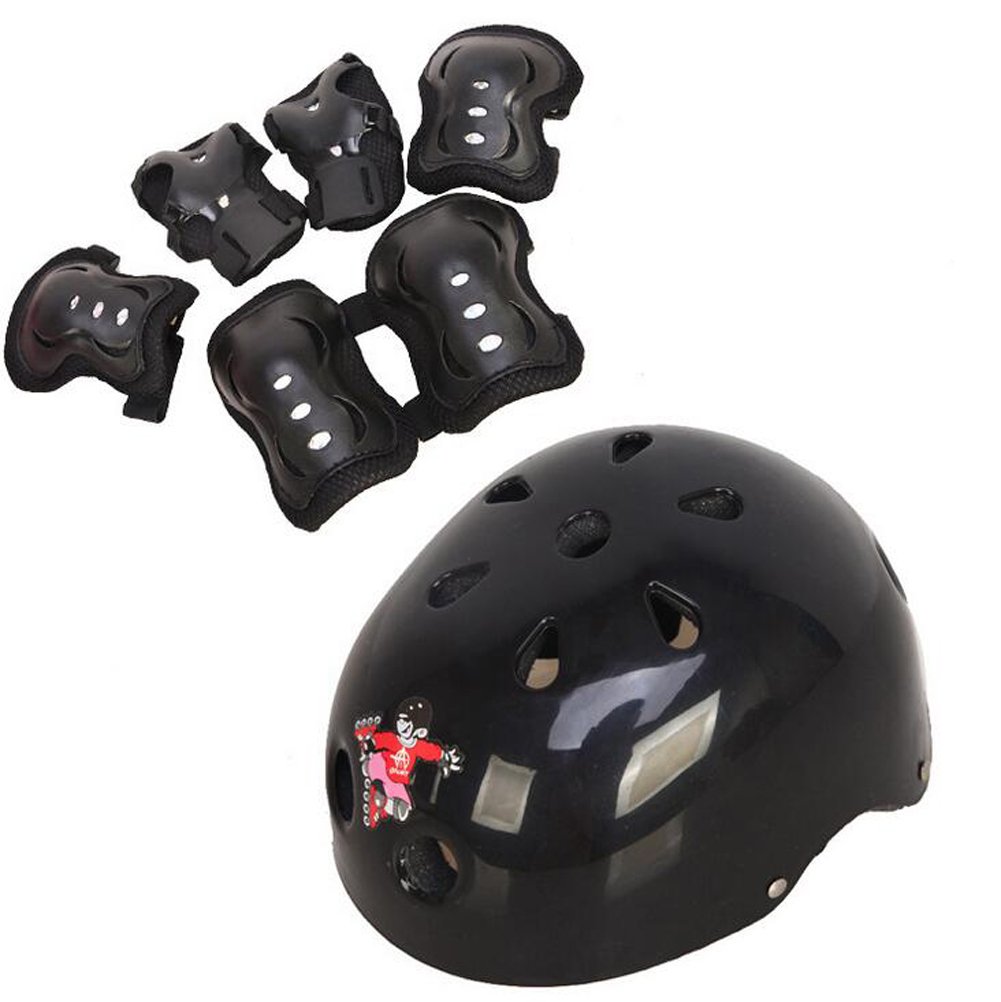 erioctry 7PCS Kid's Safeguard Sports Support - Knee Pads Elbow Pads Wrister Bracers Safety Helmet for Skate Skateboard Bicycle (Black, Medium 6-14 years old)