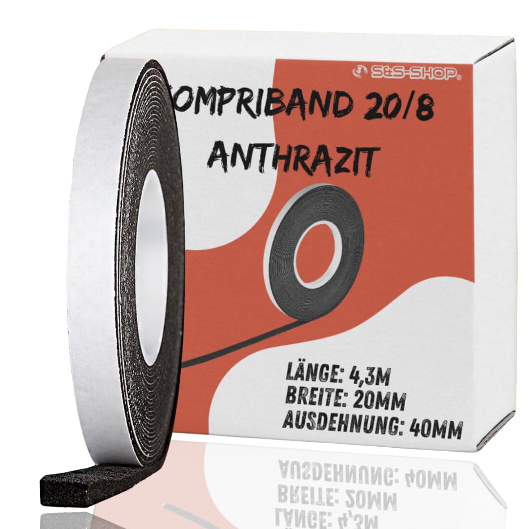 S&S-Shop Acrylic Compression Tape, Anthracite, 4.3m x 20mm, Expands 8-40mm, Sealing & Bonding