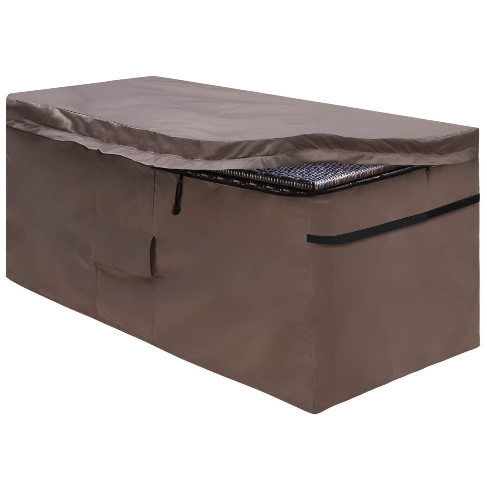 MunteLock Garden Deck Box Cover, Outdoor Storage Box Protective Covers with Zipper Lid and Air Vent, Waterproof, 420D Oxford Brown (123*55*62cm)