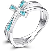 CUPENDA Cross Ring 925 Sterling Silver Cross Turquoise Faith Jesus Ring Valentine's Day Jewelry For Women Men Christian Size 7 8 9