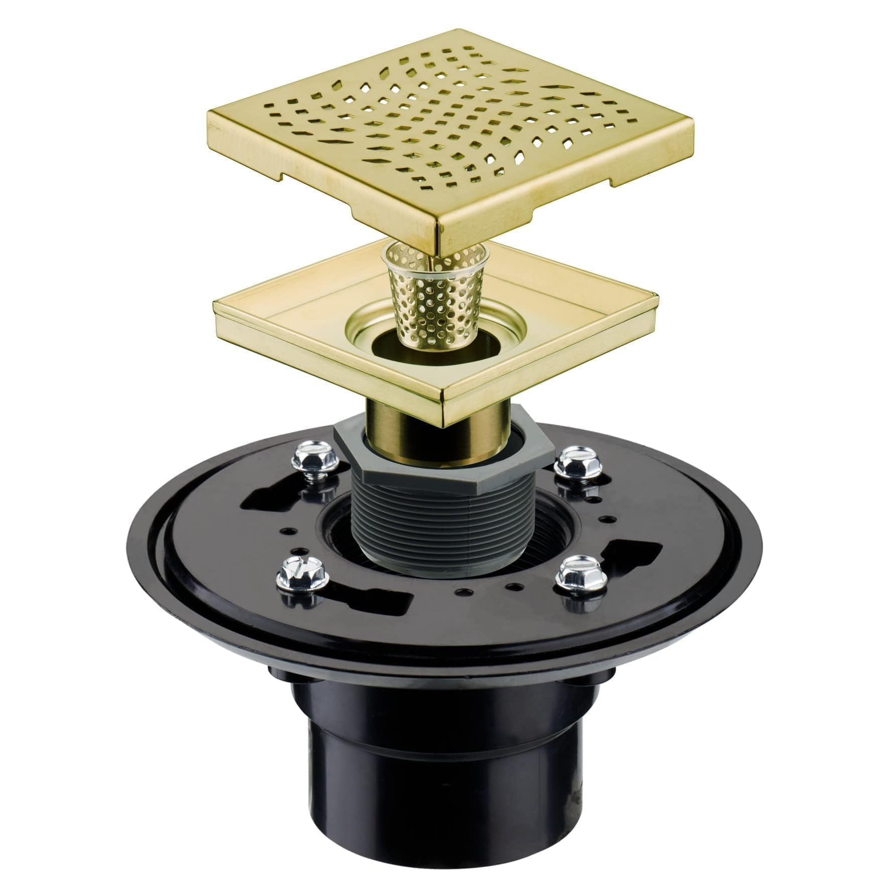 Photo 1 of Brushed Gold Square Shower Drain with Flange 4x4, HIDROP 4 inch SUS 304 Stainless Steel Brass Gold Shower Floor Drain with Removable Hair Strainer