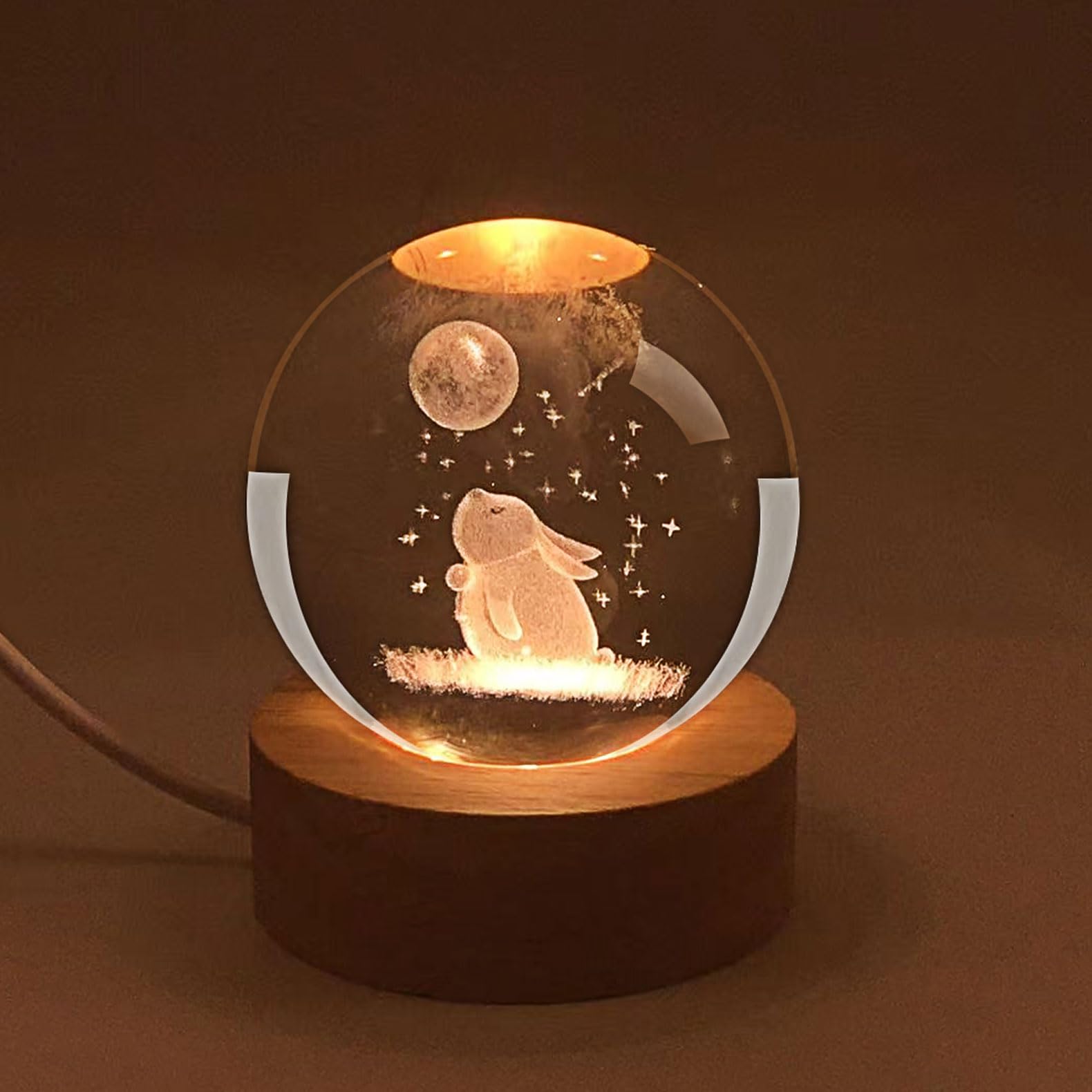 3D Moon Rabbit Crystal Ball Plug in Night Light,60mm Animal Glass Ball Lamps with Control LED Wooden Base,3D Engraved Crystal Ball Lamps Ornament Home Decor, Gift for Christmas Kids Friends Family