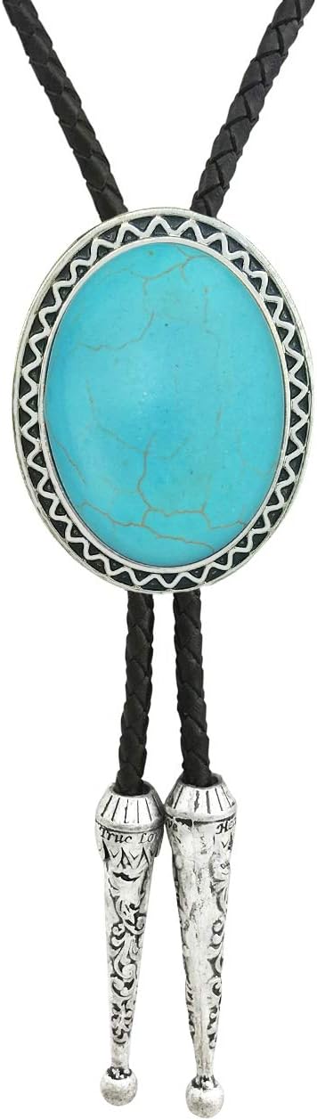 HAISWETGenunie Leather Native Western Turquoise Stone Bolo Tie Silver Tone