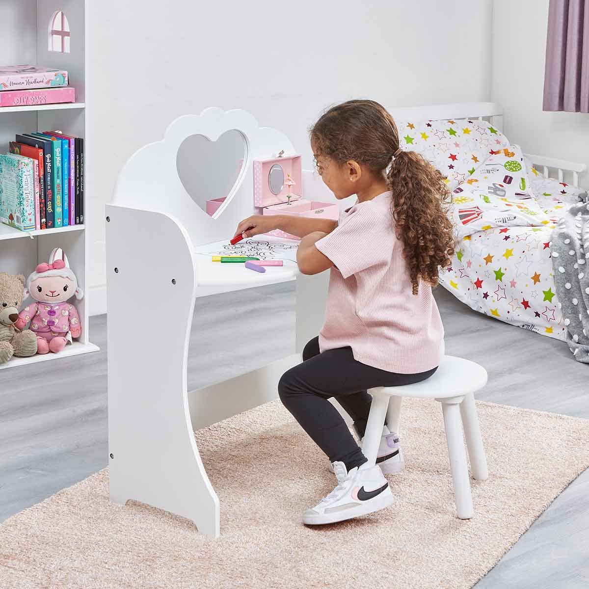 Liberty House Toys White Wooden Dressing Table & Stool Set, Wood, 81.5cm H x 62.5cm W x 34cm D