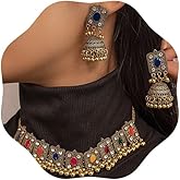 Chargances Indian Jhumka Jhumki Necklace Bollywood Wedding Traditional Bell Beaded Choker Necklace for Women Bridal Halloween (Colorful)