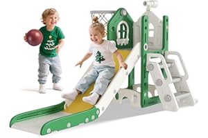 BIERUM 5 in 1 Toddler Slide - L-Shaped Baby Slide for Toddlers Aged 1-3 with Basketball Hoop, Telescope Toy and Anti-Slip Pads, Indoor Outdoor Toddler Playset, Green Yellow