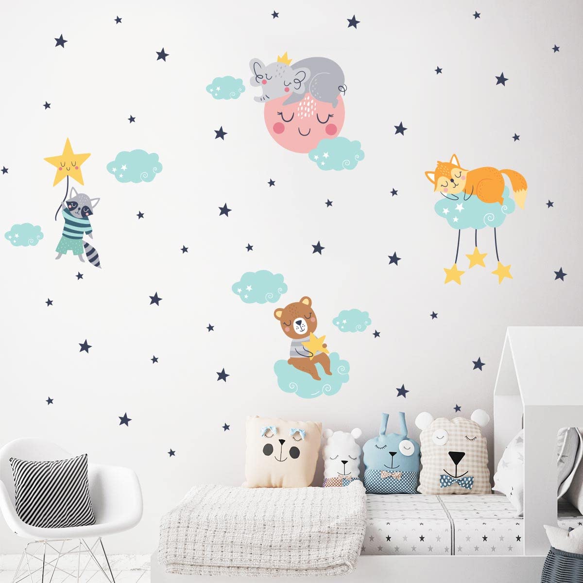 Children's Wall Stickers - Baby Room Decoration - Children's Bedroom Wall Sticker - Animals and Magic Clouds - Height 60 x Length 90 cm