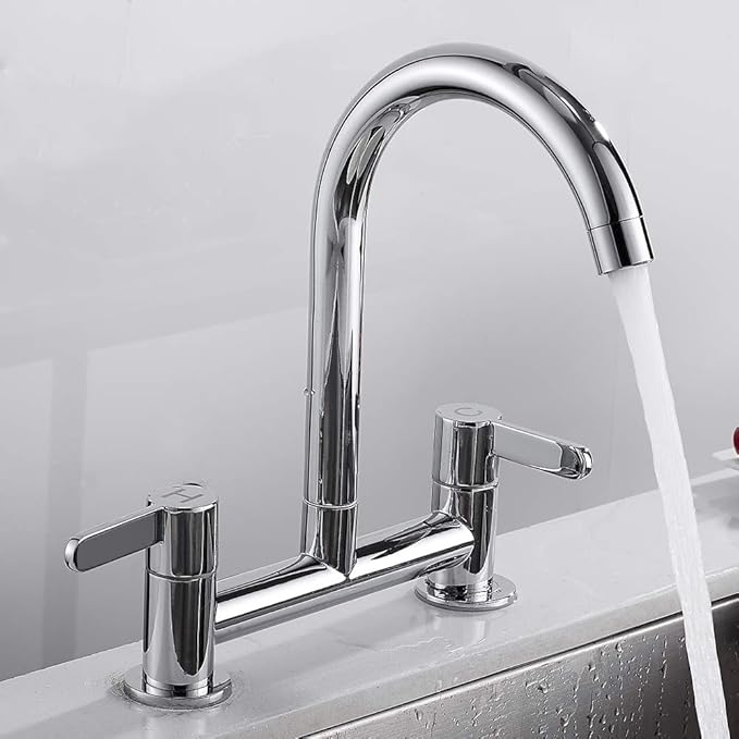 Kitchen Sink Mixer Taps 2 Hole 1/4 Turn Dual Lever Modern Deck Mounted Faucet Swivel Spout Kitchen Sink Mixer Taps 2 Hole 1/4 Turn Dual Lever Modern Deck Mounted Faucet Swivel Spout