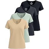 Real Essentials 4 Pack: Women's Classic-Fit Cotton Short-Sleeve V-Neck T-Shirt (Available in Plus Size)